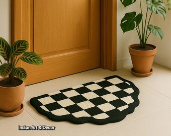 Wavy Edge Checkerboard Rug, Black & Cream Semi-Circle Entryway Mat. In 60x90cm Or 2x3 feet size