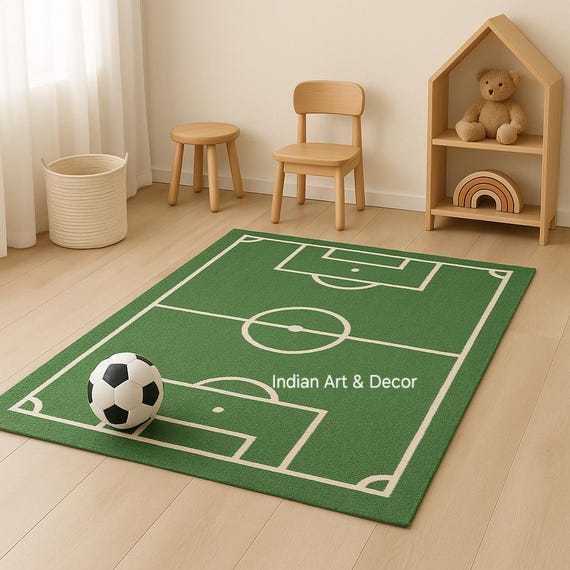 Handmade Wool Flatweave Soccer Rug – Football Field Kids Room Decor – Sports Playroom Carpet
