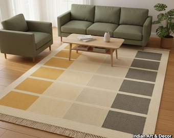Modern Color Block Flatweave Rug – Handwoven Geometric Area Rug in Mustard, Beige & Grey – Minimalist Wool Kilim with Fringe – Custom Sizes