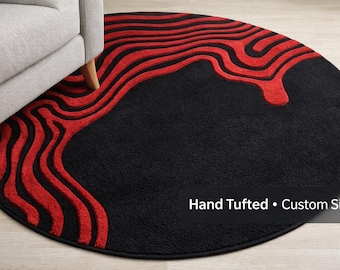 Modern Abstract Round Hand Tufted Rug, Black Red Topographic Wave Rug, High Pile 3D Texture, Statement Circle Area Rug, Custom Size