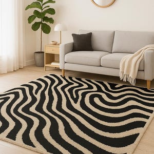 Abstract Zebra Rug • Modern Black & Cream Striped Carpet • Living Room Statement Decor • Custom Sizes Available