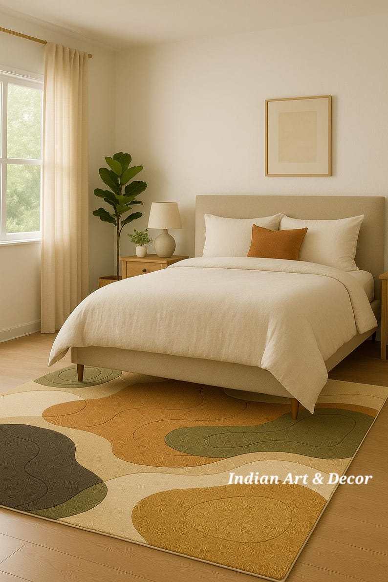 May include: A bedroom scene featuring a bed with cream-colored bedding and an orange accent pillow. A patterned rug with abstract shapes in shades of green, brown, and beige is on the floor. The text "Indian Art & Decor" is visible on the rug.