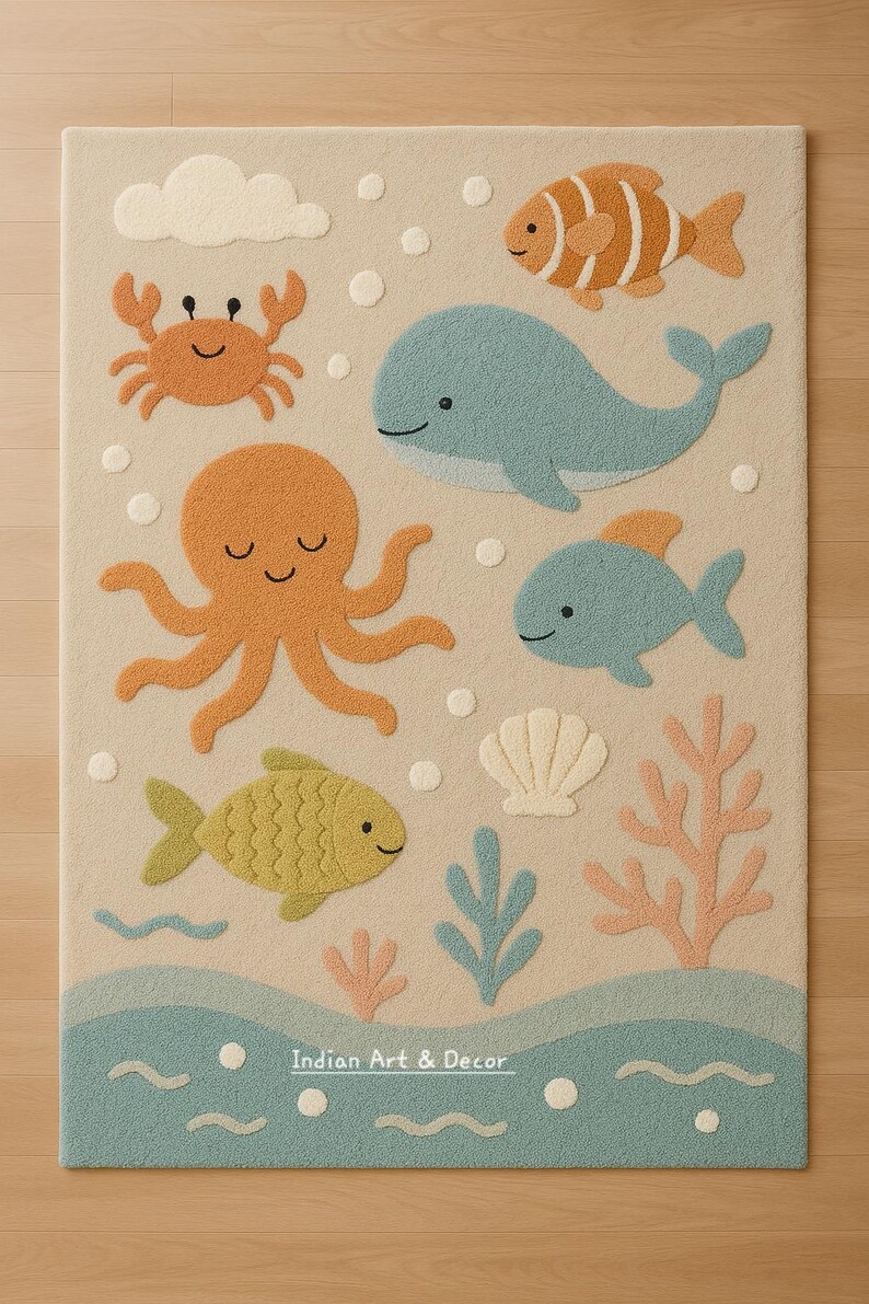 May include: A rectangular area rug with a beige background featuring a tufted ocean theme. The design includes a blue whale, an orange octopus, a crab, various fish, a seashell, and coral. The text Indian Art & Decor is printed at the bottom.