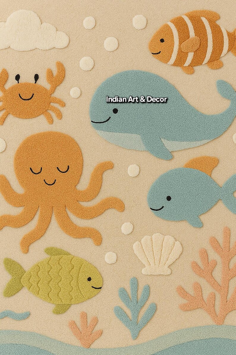 May include: A tufted rug featuring a beige background with various sea creatures including an orange octopus, a blue whale with the text Indian Art & Decor, a yellow fish, a crab, and coral. The design includes white clouds and bubbles.