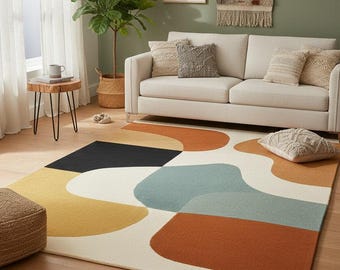 Abstract Color Block Rug – Hand Tufted Modern Area Carpet in Earthy Mid Century Tones