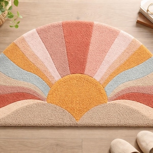 Tappeto Boho Sunrise Half Moon, tappeto semicircolare trapuntato a mano, tappeto retrò a raggiera per l'ingresso.