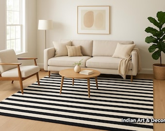 Handwoven Wool Flatweave Rug – Black and White Striped Modern Carpet