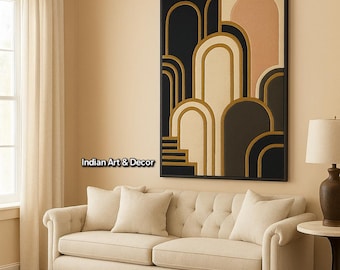 Tappeto da parete Art Déco – Arazzo ad arco geometrico annodato a mano, moderno arazzo da parete, piccolo tappeto, arredamento astratto di metà secolo