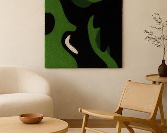 Alfombra de pared abstracta verde y negra tejida a mano – Tapiz artístico moderno de lana texturizada