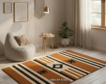 Southwestern Style Hand-Tufted Wool Rug – Rust, Black & Beige Tribal Geometric Pattern