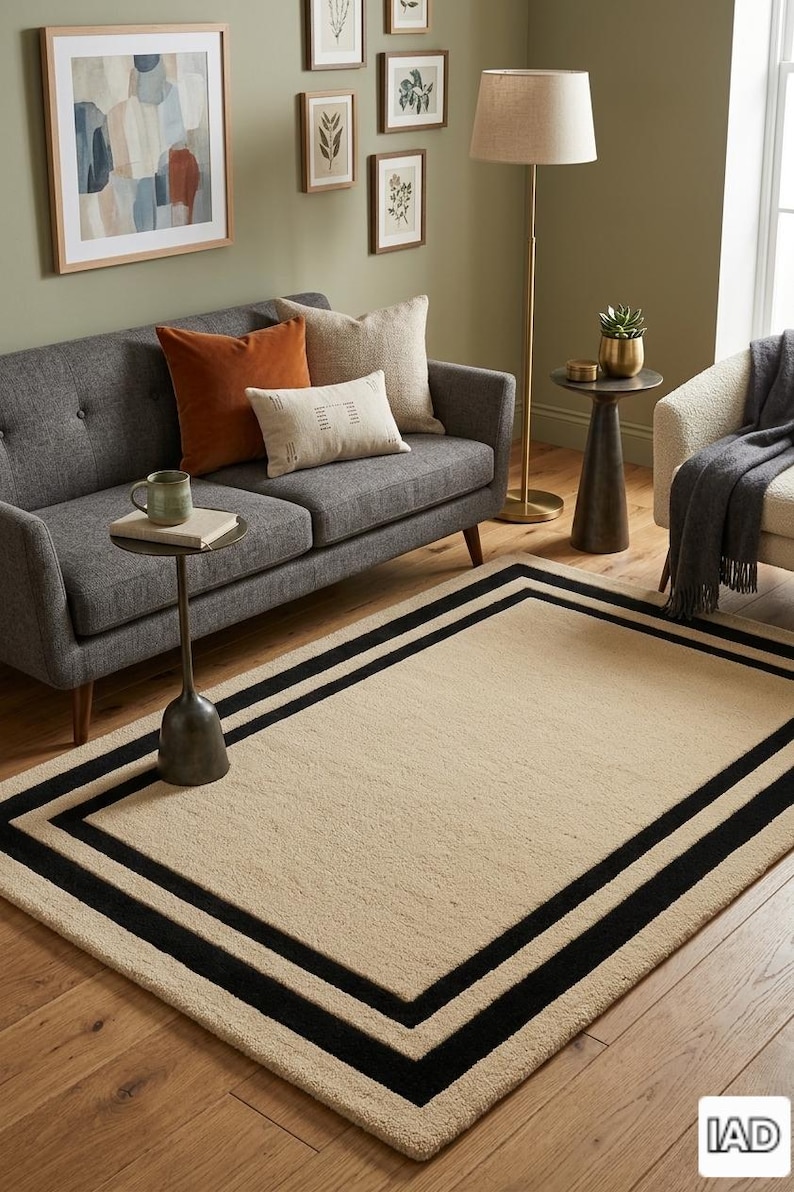 May include: A rectangular area rug featuring a solid beige center bordered by two distinct black rectangular frames. The rug has a textured pile surface and is positioned on a wooden floor. The letters IAD are visible in the bottom right corner.