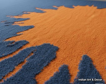 Hand Tufted Navy Blue & Orange Abstract Splatter Rug | Modern Statement Area Rug