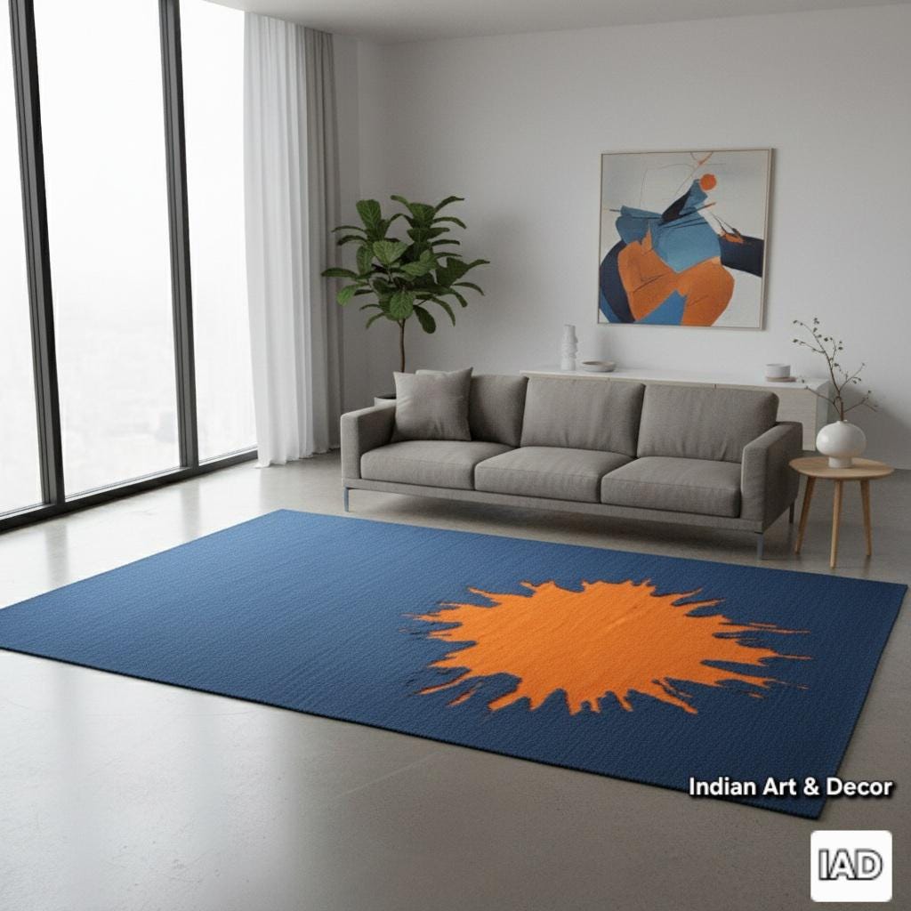 Orange Splat Rug Hand Tufted Navy Blue & Orange Abstract Splatter Rug | Modern Statement ...