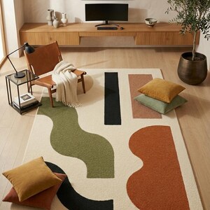 Handgetufteter moderner geometrischer Teppich in Erdtönen Bild 1