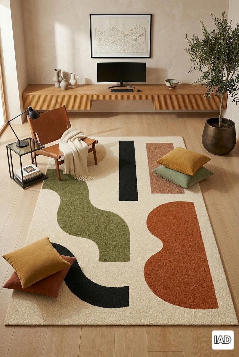 Handgetufteter moderner geometrischer Teppich in Erdtönen Bild 1