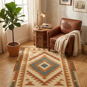 Southwestern Boho Flatweave Kilim Rug with Tassels – Geometric Aztec Pattern in Rust, Teal & Cream | Handwoven Rug image 2