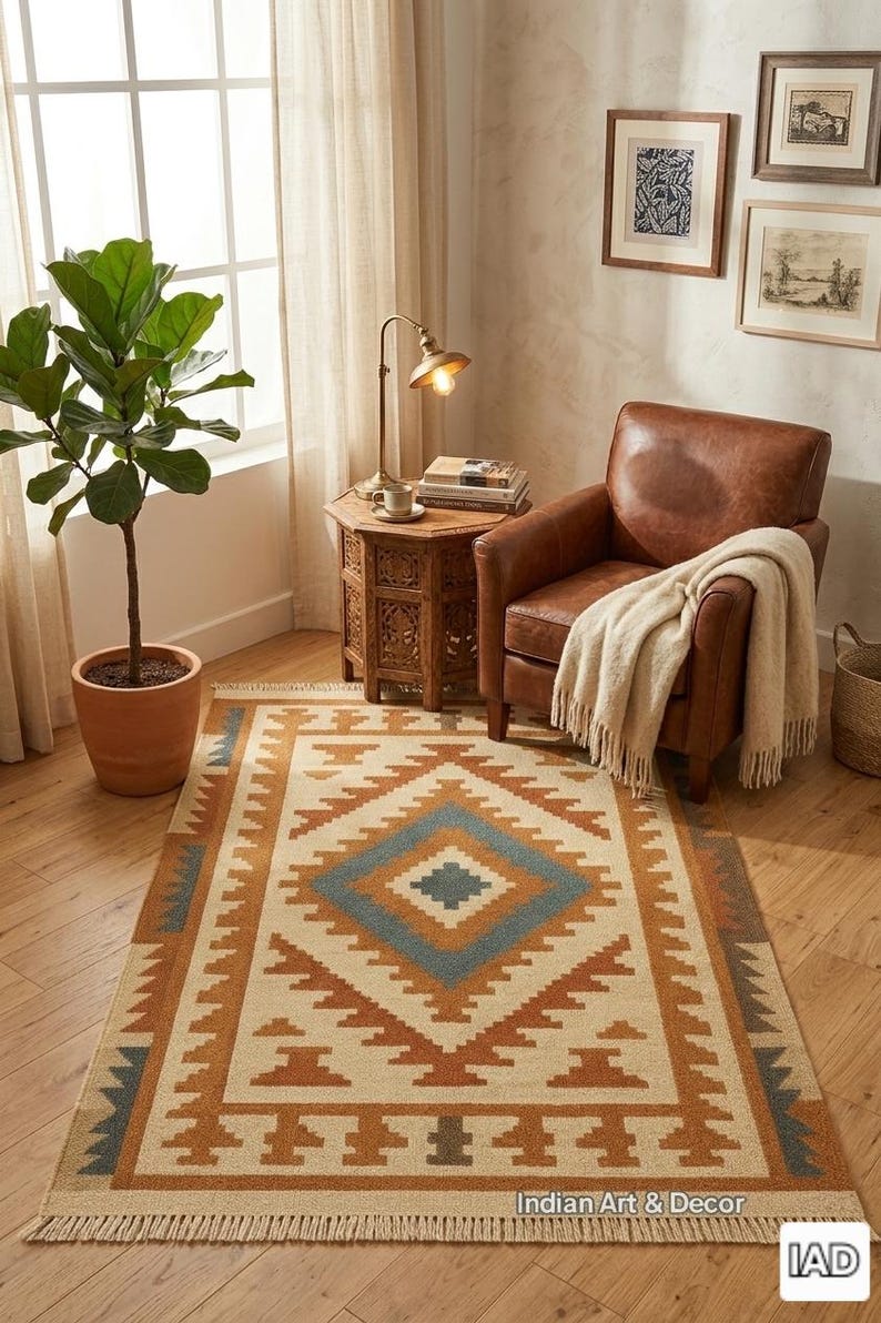 Southwestern Boho Flatweave Kilim Rug with Tassels – Geometric Aztec Pattern in Rust, Teal & Cream | Handwoven Rug image 2