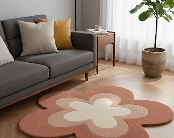 Flower Shaped Hand Tufted Rug – Retro Floral Area Rug in Warm Terracotta & Cream – Soft Aesthetic Accent for Living Room, Bedroom or Nursery