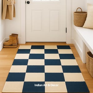 Reversible Navy and Cream Checkerboard Wool Rug – Modern Flatweave Entryway Accent – Handwoven Minimalist Geometric Carpet And Runner