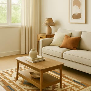 May include: A living room scene with a light-colored sofa, wooden coffee table, and patterned rug. A woven lamp and artwork add to the decor. The rug has a geometric design with brown, blue, and cream colors. The text "Indian Art & Decor" is visible.
