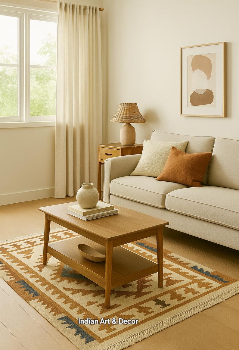 May include: A living room scene with a light-colored sofa, wooden coffee table, and patterned rug. A woven lamp and artwork add to the decor. The rug has a geometric design with brown, blue, and cream colors. The text "Indian Art & Decor" is visible.