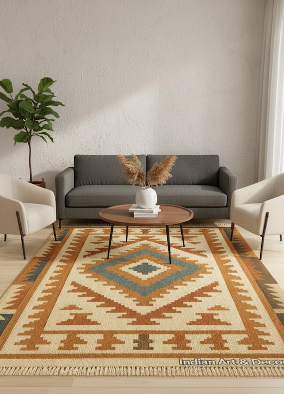 Southwestern Boho Flatweave Kilim Rug with Tassels – Geometric Aztec Pattern in Rust, Teal & Cream | Handwoven Rug