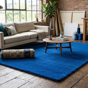Tappeto blu cobalto annodato a mano – Tappeto moderno minimalista e solido