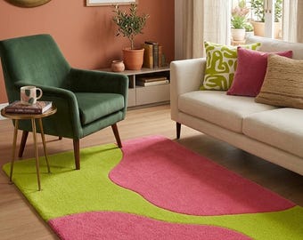 Abstract Hand-Tufted Wool Rug: Lime Green & Pink Wavy Design