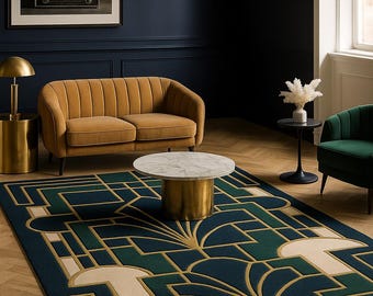 Art Deco Hand-Tufted Rug – Navy, Emerald Green & Gold Geometric Luxury Carpet