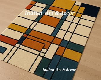 Mid-Century Modern Geometric Tufted Rug – Color Block Abstract Carpet in Mustard, Teal, and Burnt Orange – Retro Art Deco Area Rug