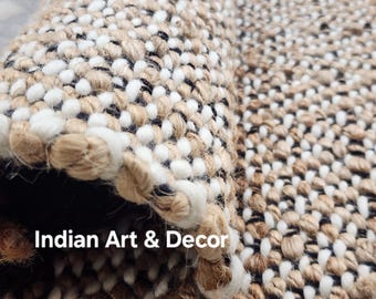 Handwoven Jute & Wool Rug With Black Fringe- Natural Boho Chevron Pattern- Chunky Textured Area Eco Friendly Runner and Area Rug