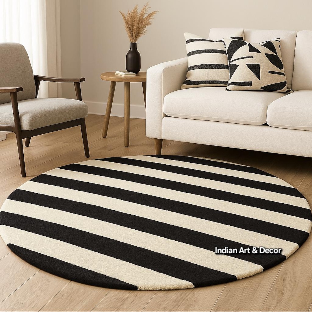 Round Black and White Color Block Rug – Modern Hand Tufted Striped ...