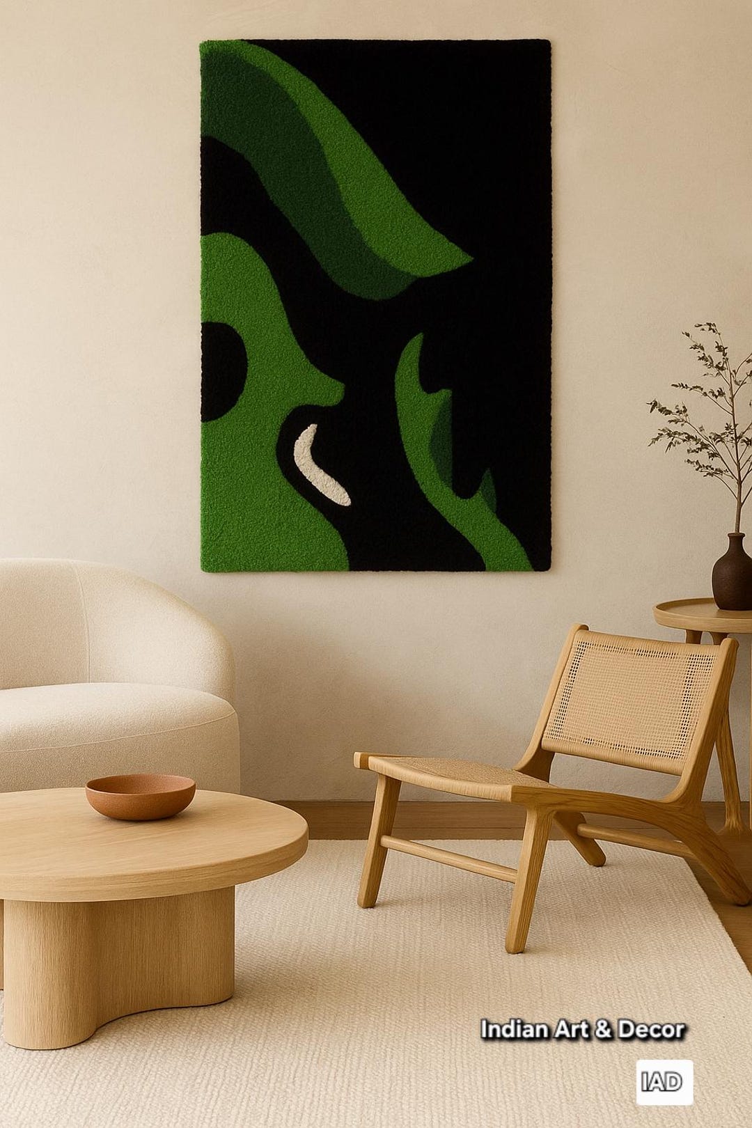 Hand Tufted Green & Black Abstract Wall Rug – Modern Textured Wool Art ...