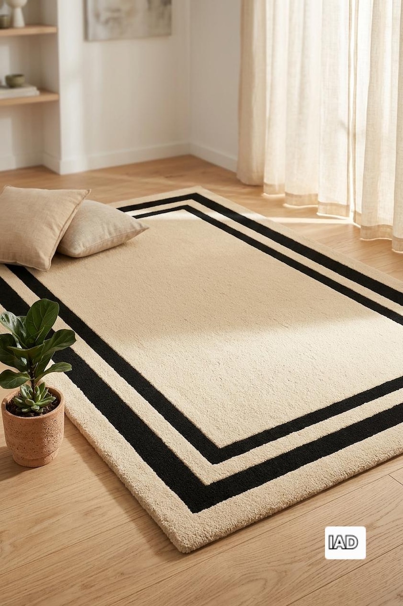 May include: A rectangular area rug featuring a solid beige center with a double black border frame. The rug has a textured, plush pile surface and is positioned on a light-colored wooden floor. The text IAD is visible in the bottom right corner.