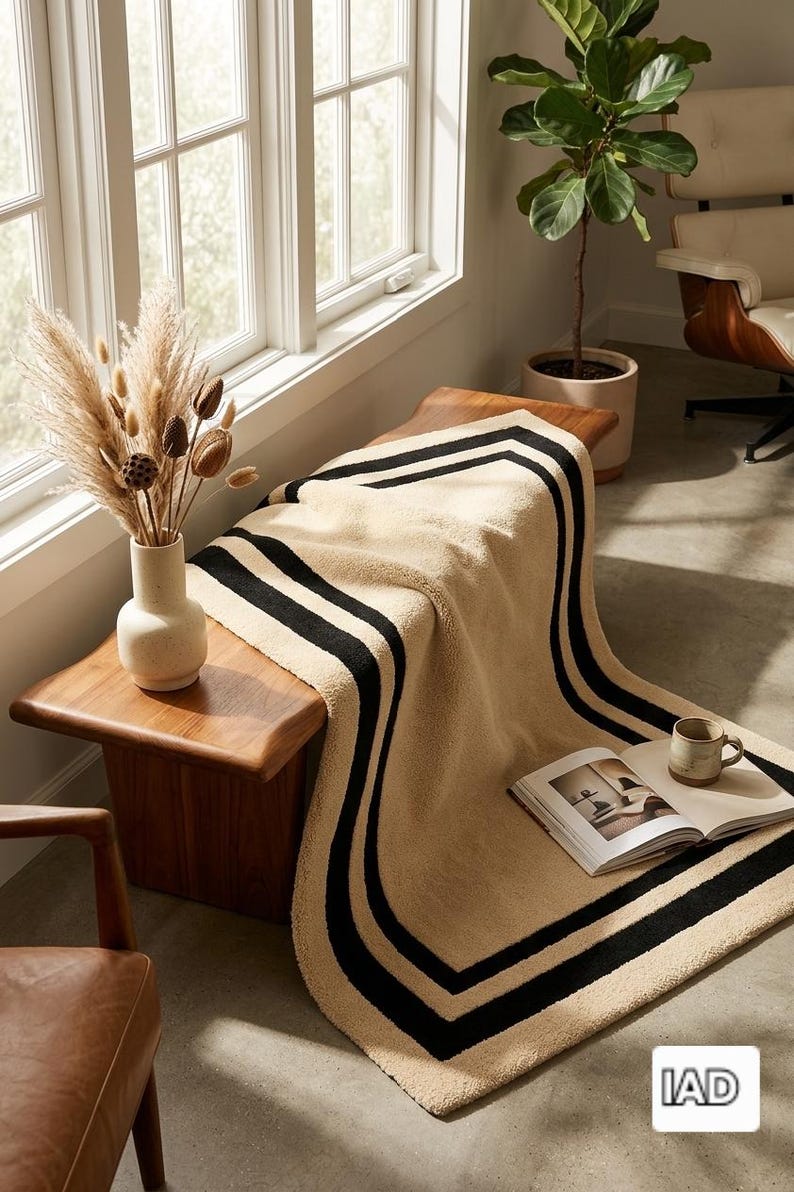 May include: A beige textured throw blanket featuring two bold black stripes along its border, draped over a wooden bench. The blanket has a soft, plush appearance and is positioned near a ceramic vase with dried grasses and an open book.