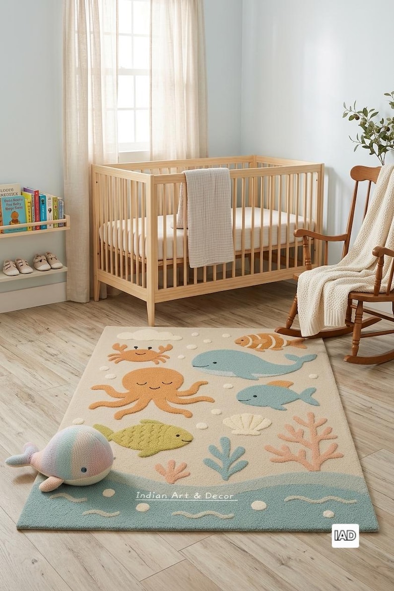 Underwater Ocean Friends Kids Rug – Hand Tufted Sea Life Nursery Decor – Soft Playroom Area Rug with Whales, Fish & Octopus –Ocean Theme Rug image 1