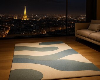 Wavy Modern Rug – Abstract Tufted Area Carpet in Beige & Green | Minimalist Living Room or Bedroom Rug