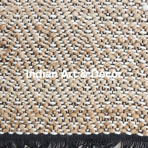 Handwoven Jute Wool Rug With Black Fringe- Natural Boho Chevron Pattern- Chunky Textured Area Eco Friendly Runner and Area Rug
