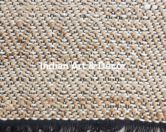 Alfombra tejida a mano de yute y lana con flecos negros - Estampado de espiga bohemio natural - Alfombra de área y pasillo ecológica de textura gruesa