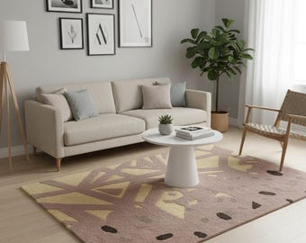 Alfombra abstracta tejida a mano: moderna alfombra de lana beige y lila, decoración geométrica contemporánea.