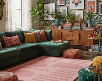 Hand Tufted Dusty Rose Rug – Modern Geometric Wool Area Rug, Minimalist Mid-Century Decor