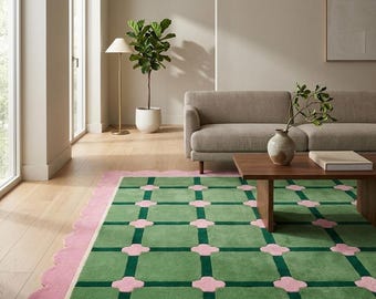 Scalloped Pink & Green Tufted Rug – Preppy Clover Grid Rug – Grandmillennial Area Rug – Handmade Wool Rug