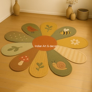 Whimsical Flower Shaped Kids Rug – Hand Tufted Nature-Themed Nursery Mat with Animals & Plants – Soft Wool Playroom Decor