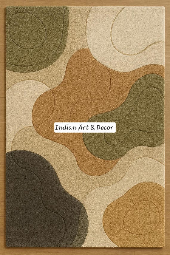 Modern Abstract Area Rug – Earth Tone Hand-Tufted Carpet in Olive Green, Beige & Terracotta –Wavy Retro Style Rug for Living Room or Bedroom