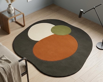 Custom Hand Tufted Rug | Irregular Organic Shape | Mid Century Modern Design | Terracotta,Olive, Cream,Charcoal