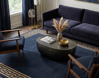 Greek Key Hand-Tufted Rug – Navy Blue and Gold Modern Geometric Carpet for Hallway, Entryway, Living Room & Home Decor. Custom Sizes.