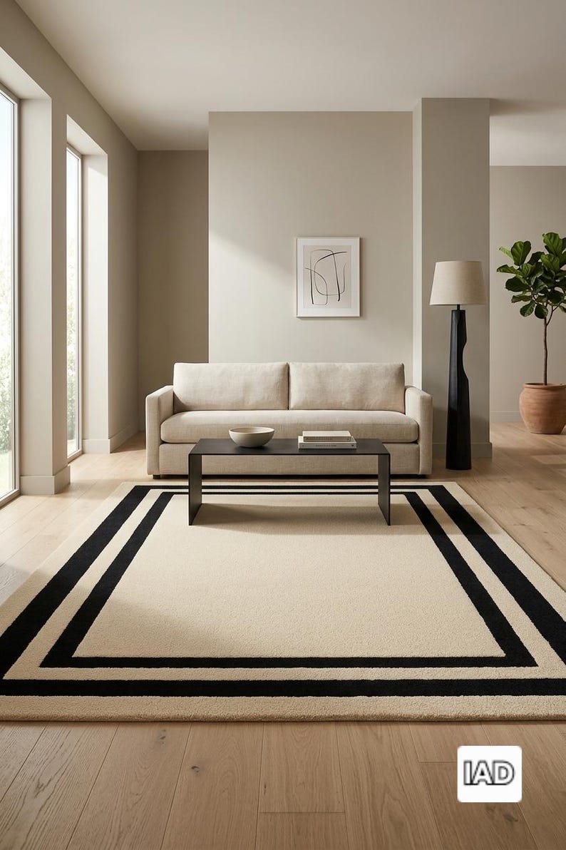May include: A rectangular area rug featuring a large cream-colored center field framed by two distinct, thick black border lines. The rug is positioned on a light-toned wooden floor in a room with a beige sofa, a black coffee table, and a floor lamp.