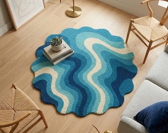 Hand Tufted Wave Round Rug • Irregular Edge Blue Abstract Carpet • Modern Ocean-Inspired Loop Pile  Rug