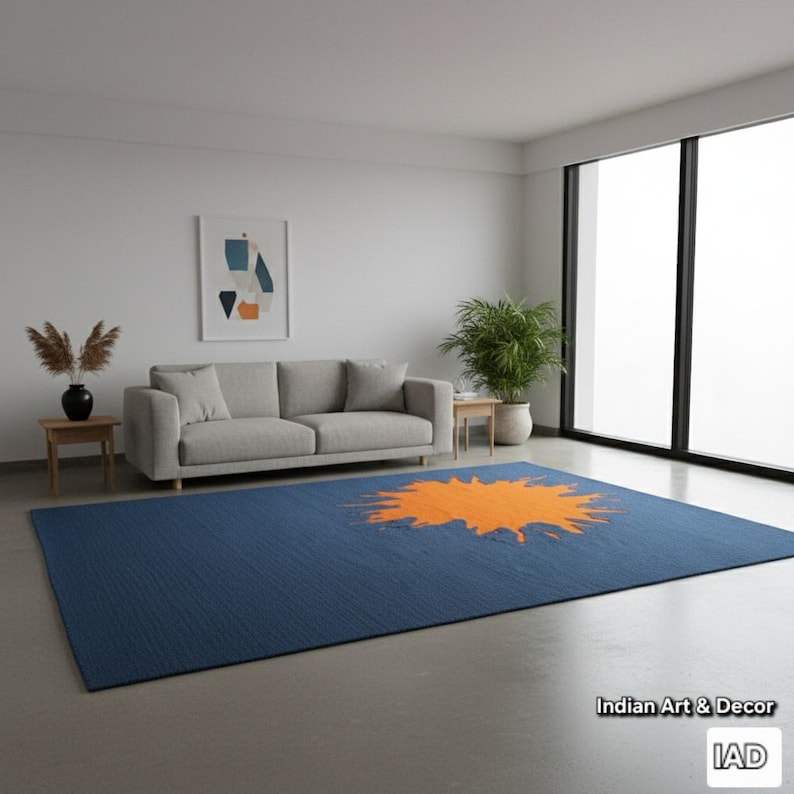 Orange Splat Rug Hand Tufted Navy Blue & Orange Abstract Splatter Rug | Modern Statement ...