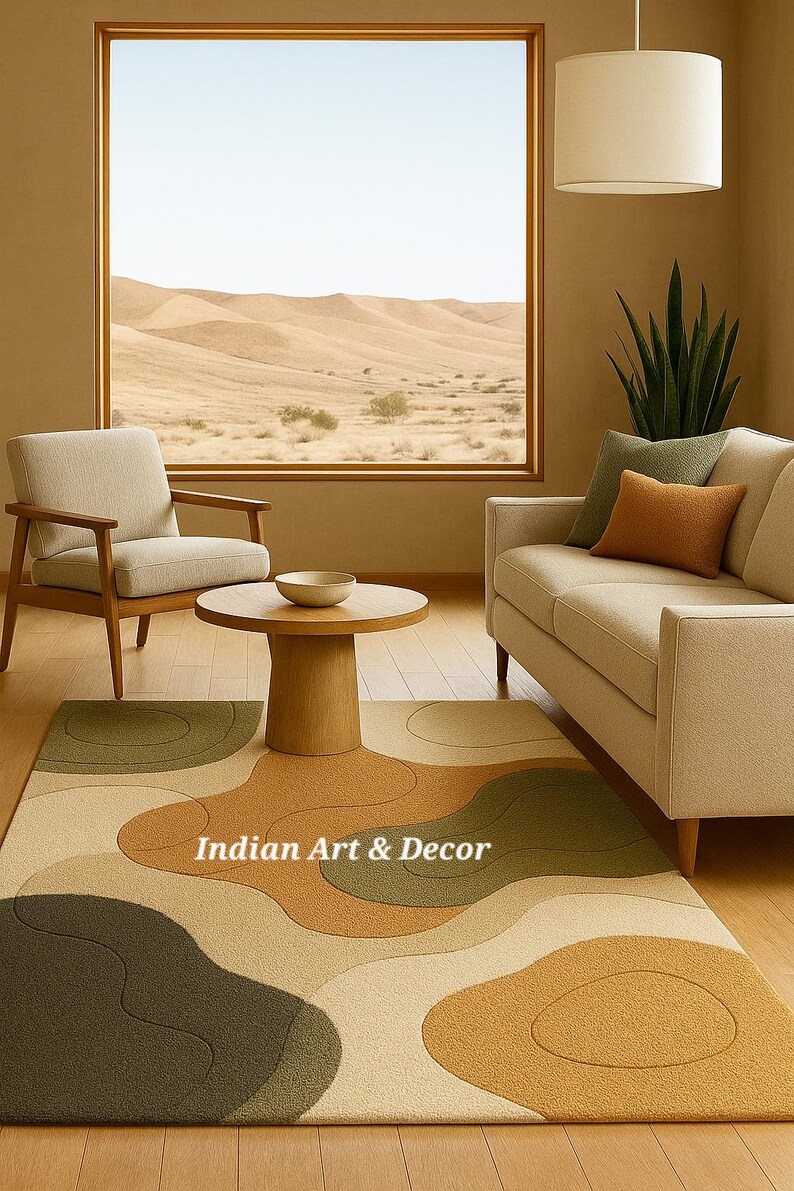 May include: A living room scene featuring a beige sofa, a wooden armchair, and a round coffee table. A patterned rug with organic shapes in shades of green, beige, and brown covers the floor. The text "Indian Art & Decor" is visible on the rug.